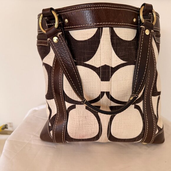 Coach Signature Linen Tote – Brown & Tan, 12"H x 10"W x 9"D - Picture 3 of 13